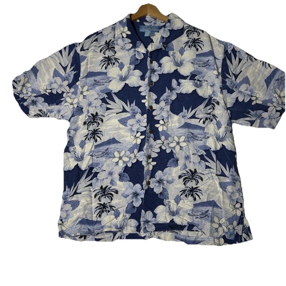 Vintage Bermuda Bay Blue 100% Silk Hawaiian Floral Camp Shirt Men's Medium